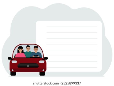 Red car with people. Advertising poster or announcement with space for text. Vector flat illustration