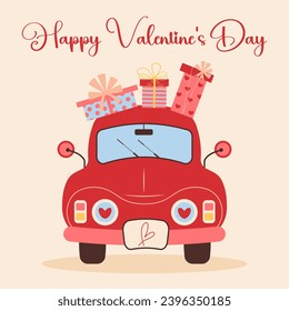 Red car with present boxes on top. Happy Valentines day card. Love retro car. Cartoon flat vector illustration.
