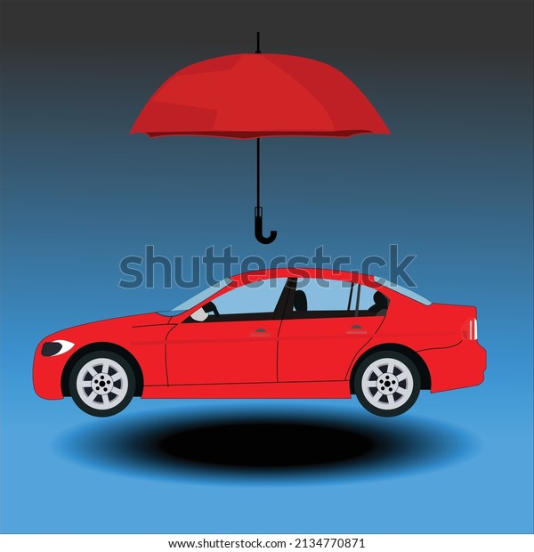Red car protected with red umbrella, car safety\
icon isolated.