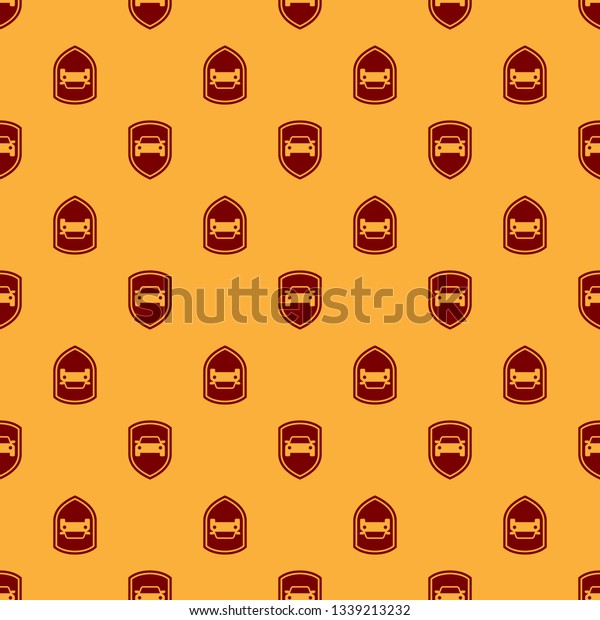 Red\
Car protection or insurance icon isolated seamless pattern on brown\
background. Protect car guard shield. Safety badge vehicle icon.\
Security auto label. Flat design. Vector\
Illustration