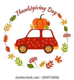 Red car with pumpkin and apples. Festive illustration for Thanksgiving Day. Greeting card. Vector. Isolated elements on a white background. Hand drawn.