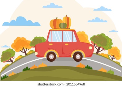 Red car with pumpkins is driving on the road. Autumn season background with auto, road, trees. For autumn letters and postcards. Vector illustration in flat stylle. 