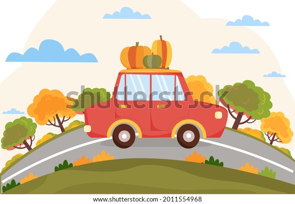 Red car with pumpkins is\
driving on the road. Autumn season background with auto, road,\
trees. For autumn letters and postcards. Vector illustration in\
flat stylle. 