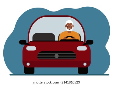 En un coche rojo, un jubilado conduce. En primer plano. Ilustración plana del vector