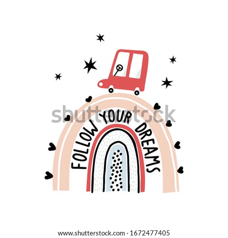 Red car rides on a rainbow. Can be used for shirt design, fashion print design, kids wear, textile design, greeting card, invitation card.