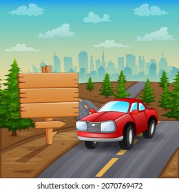 Red car rides on the road illustration