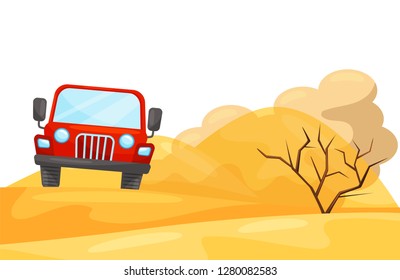 Red car rides through the desert. Landscape with sandy hills, car and dry plant. Natural scenery. Flat vector design