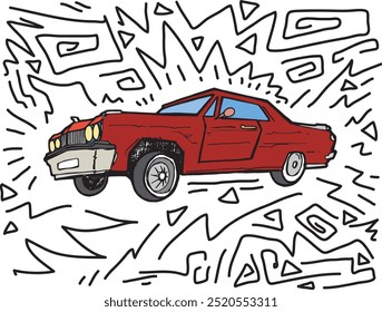 Coche rojo que monta el detalle caricaturesco dibujado a mano lento y danzante. Automóvil clásico de los noventa conduciendo a través de un dibujo de doodle loco. Transporte de carretera retro de lujo del jinete bajo que muestra del dibujo.