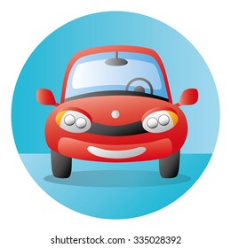 Red car round icon. Front view.