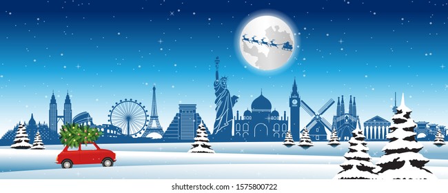 Red car run across snow and world landmarks with Christmas tree to send gifts to everyone,vector illustration