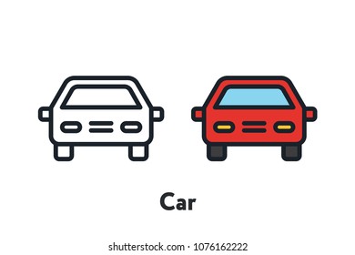 Red Car Sedan Front View Minimal Color Flat Line Outline Stroke Icon