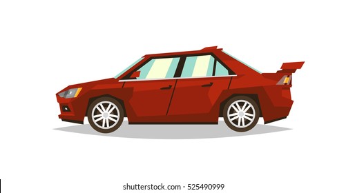 Red car sedan. Side view. Transport for travel. Gas engine. Alloy wheels