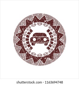 Red car seen from front icon inside distressed rubber grunge texture stamp