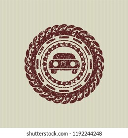 Red car seen from front icon inside rubber stamp with grunge texture