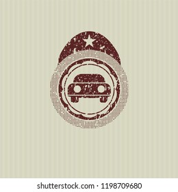 Red car seen from front icon inside distressed rubber seal with grunge texture