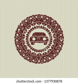 Red car seen from front icon inside distress grunge style stamp