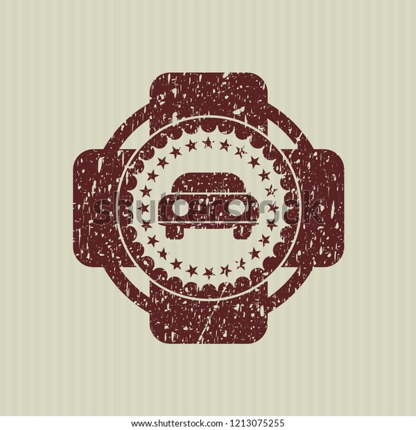 Red\
car seen from front icon inside rubber grunge\
stamp