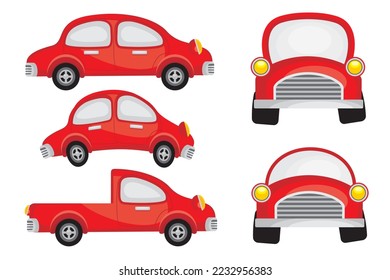 Red car set. Cartoon Vehicles. Vector illustration of ground transportation