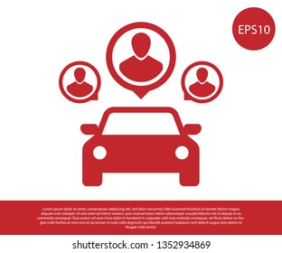 Red Car sharing with group of people icon isolated on white background. Carsharing sign. Transport renting service concept. Vector Illustration