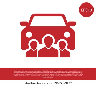 Red Car sharing with group of people icon isolated on white background. Carsharing sign. Transport renting service concept. Vector Illustration