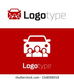 Red Car sharing with group of people icon isolated on white background. Carsharing sign. Transport renting service concept. Logo design template element. Vector Illustration