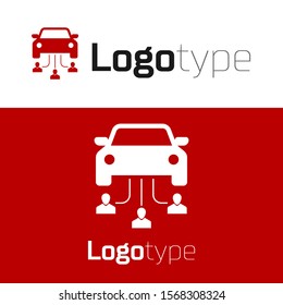 Red Car sharing with group of people icon isolated on white background. Carsharing sign. Transport renting service concept. Logo design template element. Vector Illustration