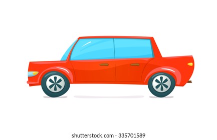 Red car side view in cartoon style, vector illustration