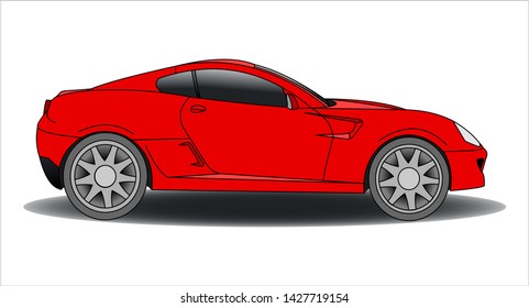 Red Car, Side view. Fast Racing car. Modern flat Vector illustration on white background.