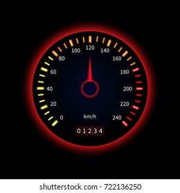 Red car speedometer. Technology concept. Vector illustration on black background.