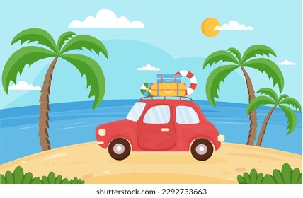 En la playa hay un coche rojo con maletas. Fondo de verano con auto, mar, playa, palmeras. Vacaciones, turismo, viaje de verano, vacaciones. Ilustración vectorial en estilo plano. 