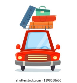 Red car with suitcases. Flat cartoon style vector illustration.