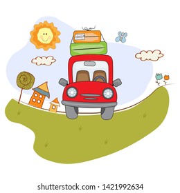 Red car with suitcases on the road. Summer holiday poster