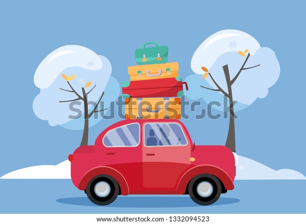 Red car with suitcases on the roof. Winter family\
traveling by car. Flat cartoon vector illustration. Car Side View\
With stack of baggage on background of snow trees. Many bags on the\
top of vehicle