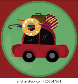 a red car with a lot of summer stuff in a green circle
