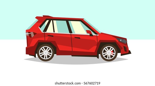 Red car SUV. Side view. Transport for travel. Gas engine. Alloy wheels. Vector illustration. Flat style 