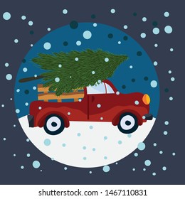 Red car that carries a Christmas tree. Can be used for postcards, logos, avatars, stickers. Vector illustration.