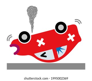 Un coche rojo que se atropelló en un accidente. Ilustración vectorial de estilo de dibujos animados.