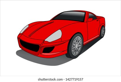 Red Car, Three-quarter view. Fast Racing car. Modern flat Vector illustration on white background.