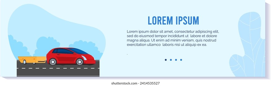 Red car towing yellow trailer on highway under blue sky. Road trip travel and adventure. Modern vehicle transportation vector illustration.