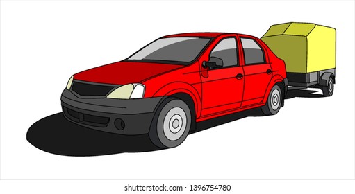 Red Car With Trailer, Front view, Three-quarter view. Modern flat vector illustration isolated on white background.