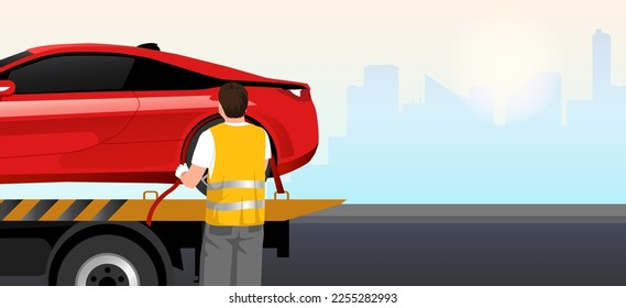 Red car transportation by tow truck. Service man in orange uniform with shovel part fixes wheel of car. Luxury vehicle wrecked in cityscape. Towing service help concept banner. Vector illustration