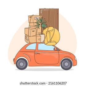 Red car transports things in boxes and furniture to a new house. Vector illustration in doodle style.