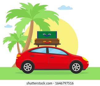 Red car with travel suitcases, palms, sun and sky. Time to travel or traveling by car concept vector illustration.