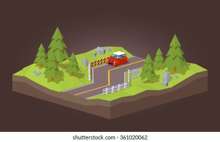 Red car traveling on the road, through the pine forest. 3D lowpoly isometric vector concept illustration