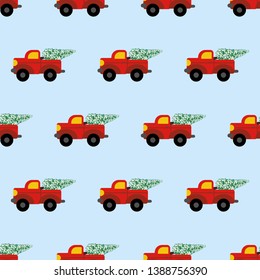 Red car with tree pattern on the blue background. Vector illustration