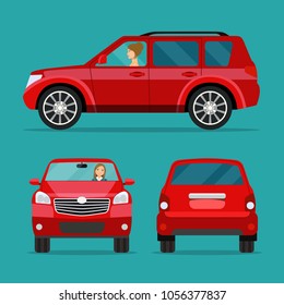 Red car two angle set. Car with driver woman side view, back view and front view. Vector flat illustration