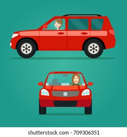 Red car two angle set. Car with driver woman side view and front view. Vector flat illustration