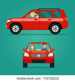 Red car two angle set. Car with couple side view and front view. Vector flat style illustration