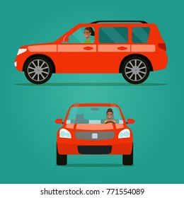 Red car two angle set. Car with afro american woman  side view and front view. Vector flat style illustration