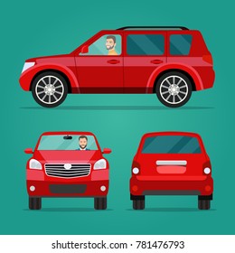 Red car two angle set. Car with driver man side view, back view
 and front view. Vector flat illustration